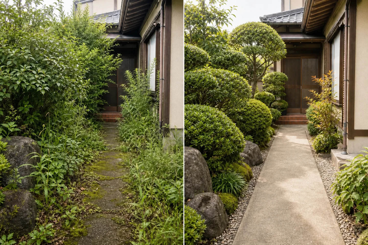 伸びた庭木と通路、お手入れ後の庭と通路を左右で比較した画像