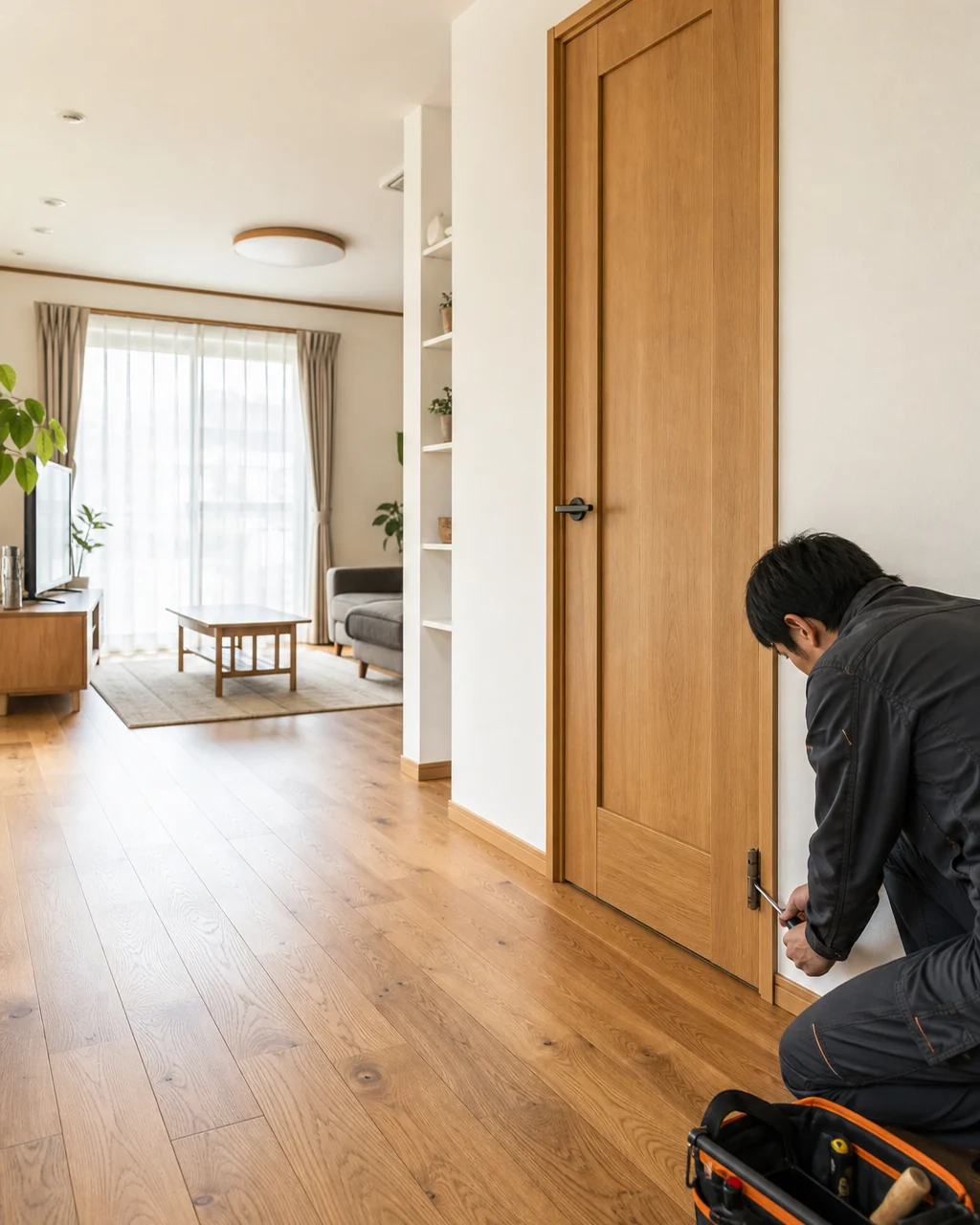 明るい住まいで内装と建具を丁寧に仕上げる住宅修繕の様子