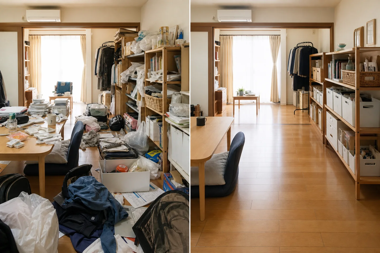 片付け・整理の困りごとと解決後を左右で比較した画像