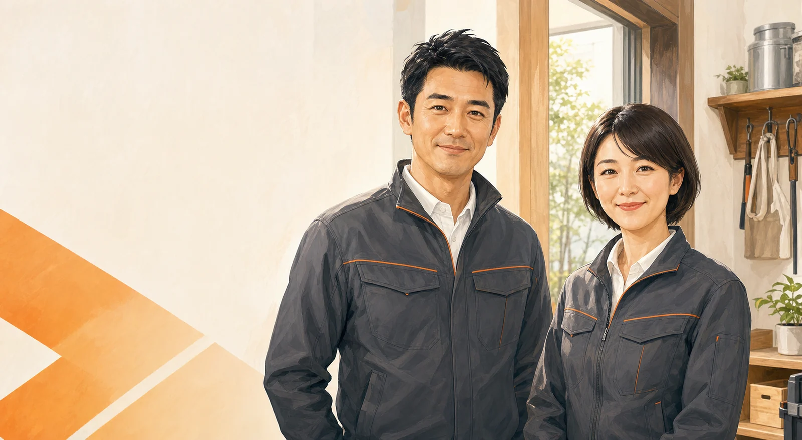 おうちプロの便利屋・住宅修繕スタッフを表現した男女2名のイラスト